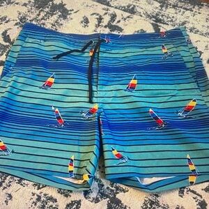 Tori Richard Teal & Blue Striped Swim Trunks with Sailboat Print